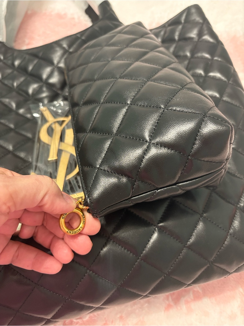 Saint Laurent Black Quilted Leather Tote with Gold Logo Accent - Picture 3 of 11